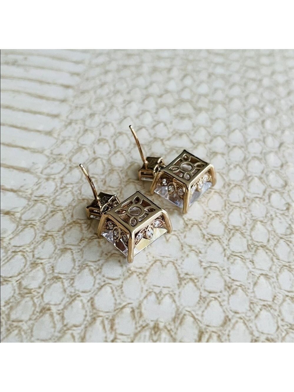 Radiant Cut Cubic Zirconia Rose Gold Vermeil Sterling Silver Ornate Earr… - Picture 10 of 11